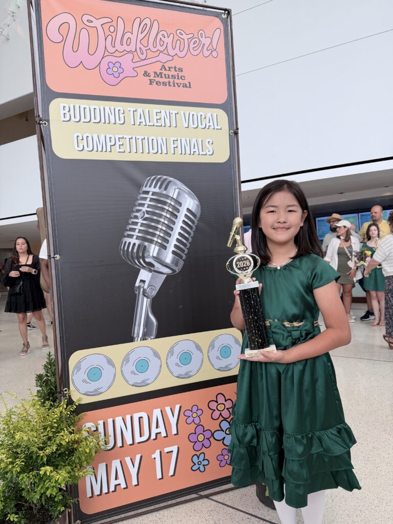 Ivy Liu, sprouts category winner of the Wildflower! Budding Talent Vocal Competition held on the Singer Songwriter Stage in the Eisemann Center for Performing Arts in Richardson